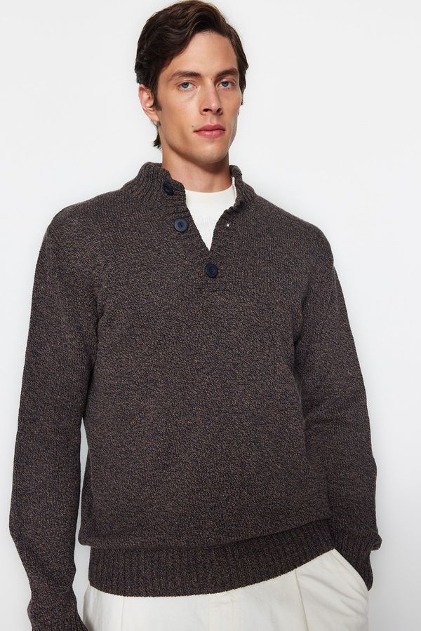 Trendyol Trendyol Brown Casual Slim Fit Wool Half Turtleneck Buttoned Knitwear Sweater