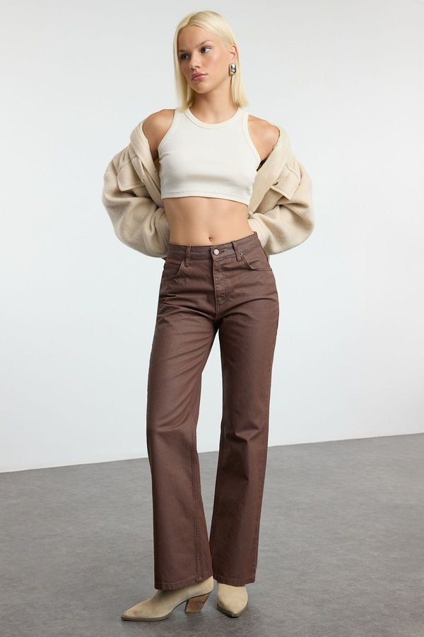 Trendyol Trendyol Brown Coated High Waist Wide Leg Jeans