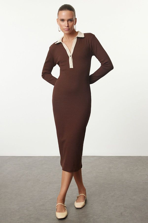 Trendyol Trendyol Brown Color Block Bodycone/Fits the Body Snap Detail Midi Knit Dress