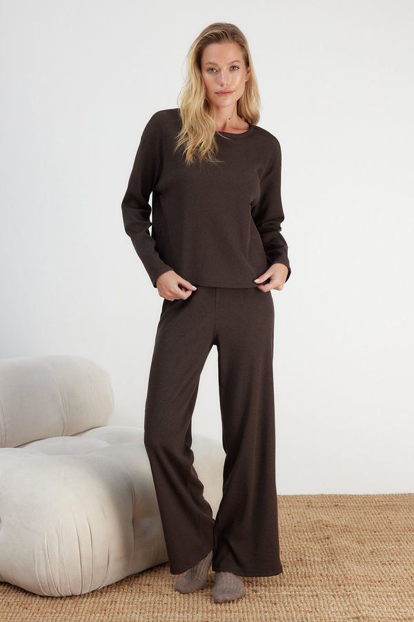 Trendyol Trendyol Brown Corded Cotton Tshirt-Pants Knitted Pajama Set