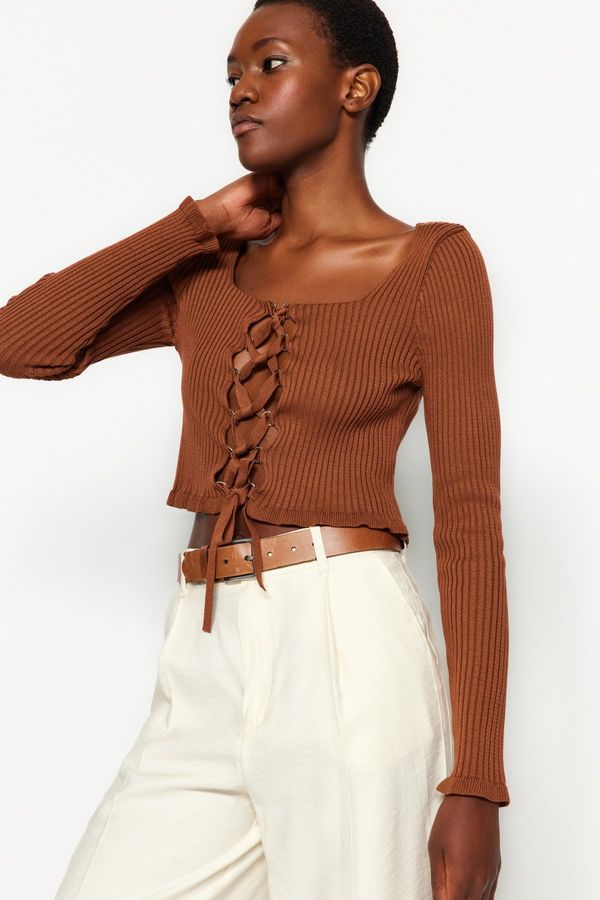 Trendyol Trendyol Brown Crop Eyelet Detailed Knitwear Sweater