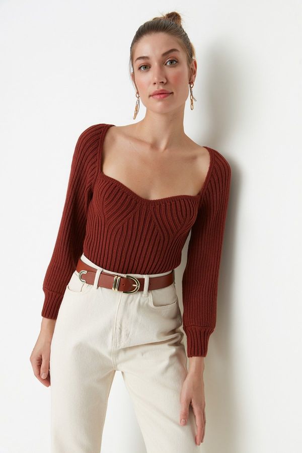 Trendyol Trendyol Brown Crop Heart Neck Knitwear Sweater