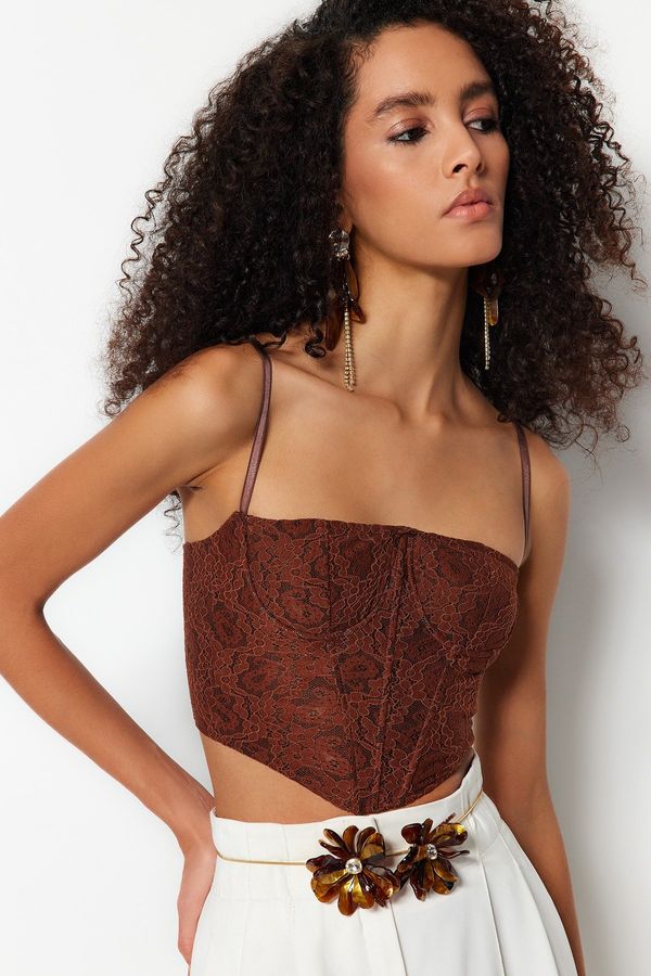 Trendyol Trendyol Brown Crop Lined Corset Detail Aggravated Lace Bustier