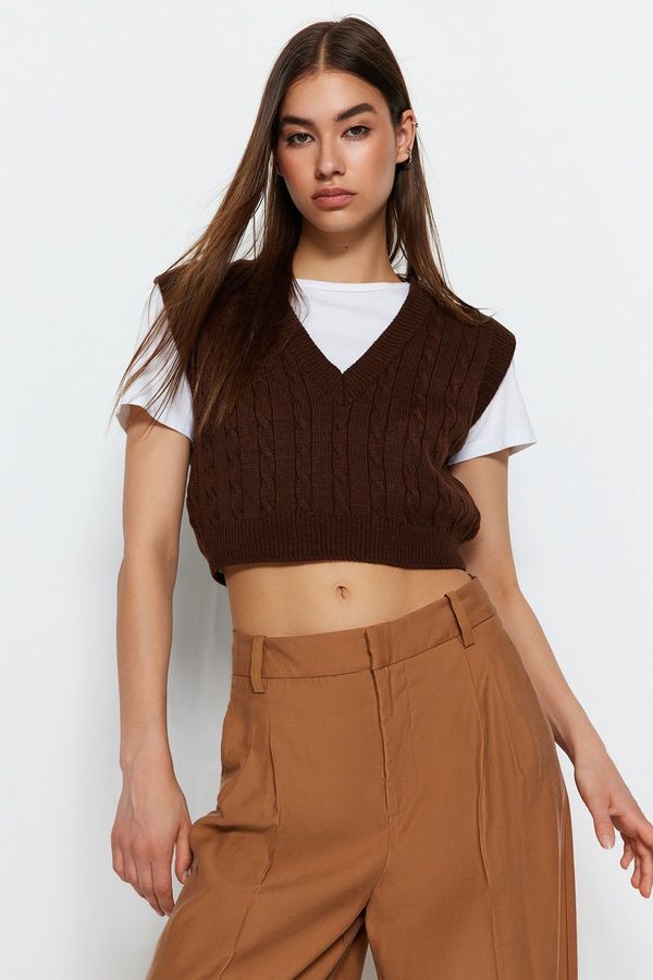 Trendyol Trendyol Brown Crop V-Neck Knitwear Sweater