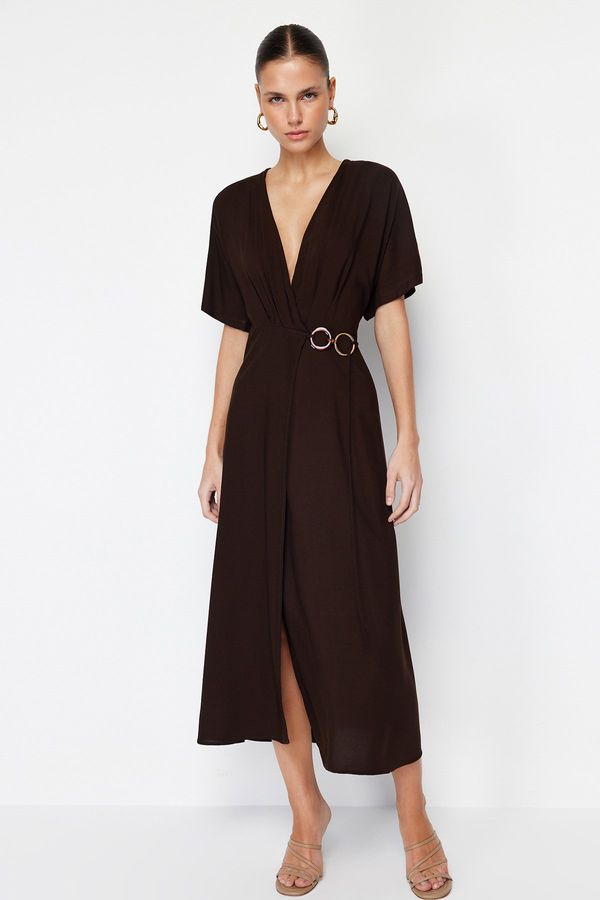 Trendyol Trendyol Brown Double Breasted Midi Woven Dress with Accessory Tie Detail