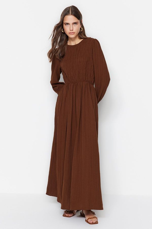 Trendyol Trendyol Brown Elastic Waist Gipe Detail Woven Dress