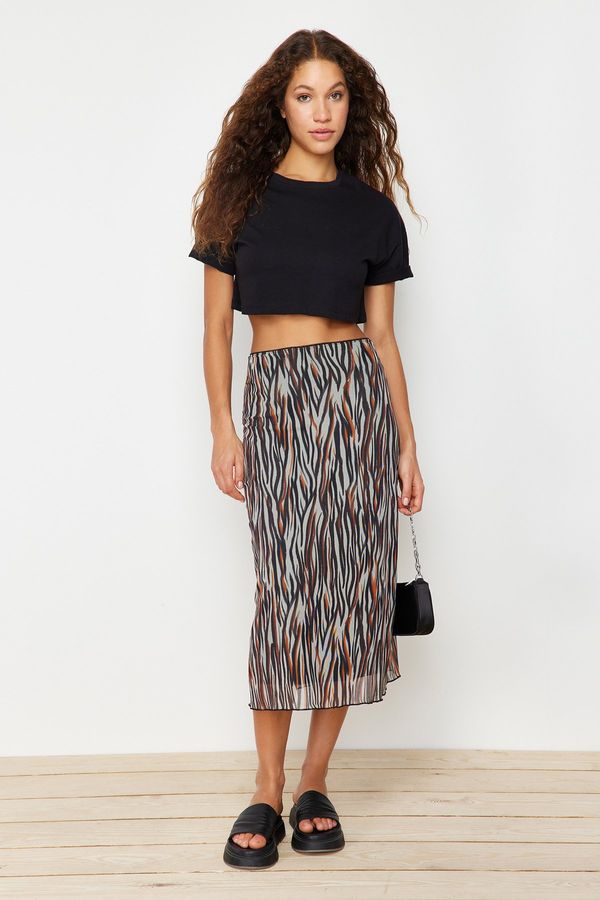 Trendyol Trendyol Brown Elastic Waist, Printed Midi-Length Lined Tulle Knitted Skirt