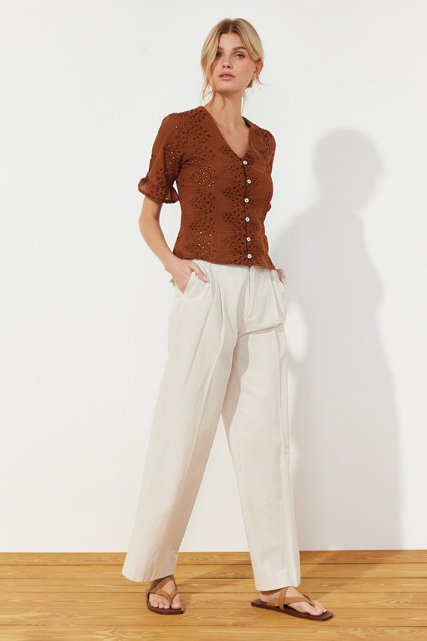 Trendyol Trendyol Brown Embroidered Buttoned Woven Blouse