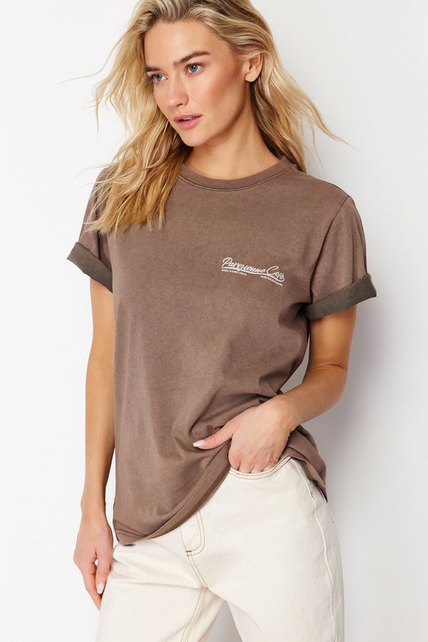 Trendyol Trendyol Brown Faded Effect Printed Basic Knitted T-Shirt