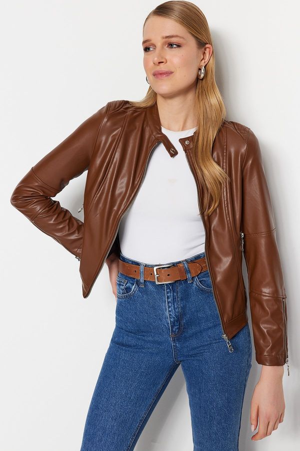 Trendyol Trendyol Brown Faux Leather Biker Jacket Coat