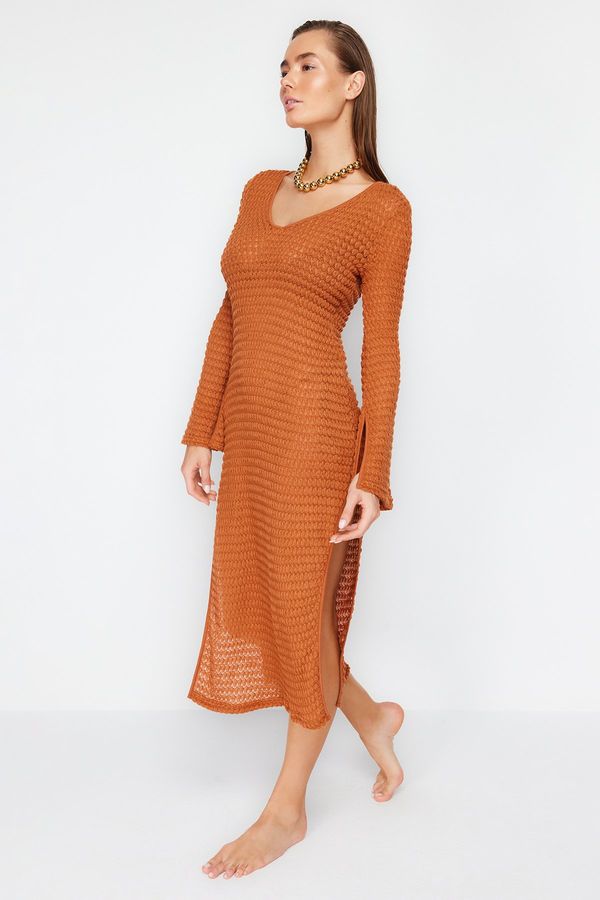 Trendyol Trendyol Brown Fitted Maxi Knitted Slit Knitwear effect Beach Dress