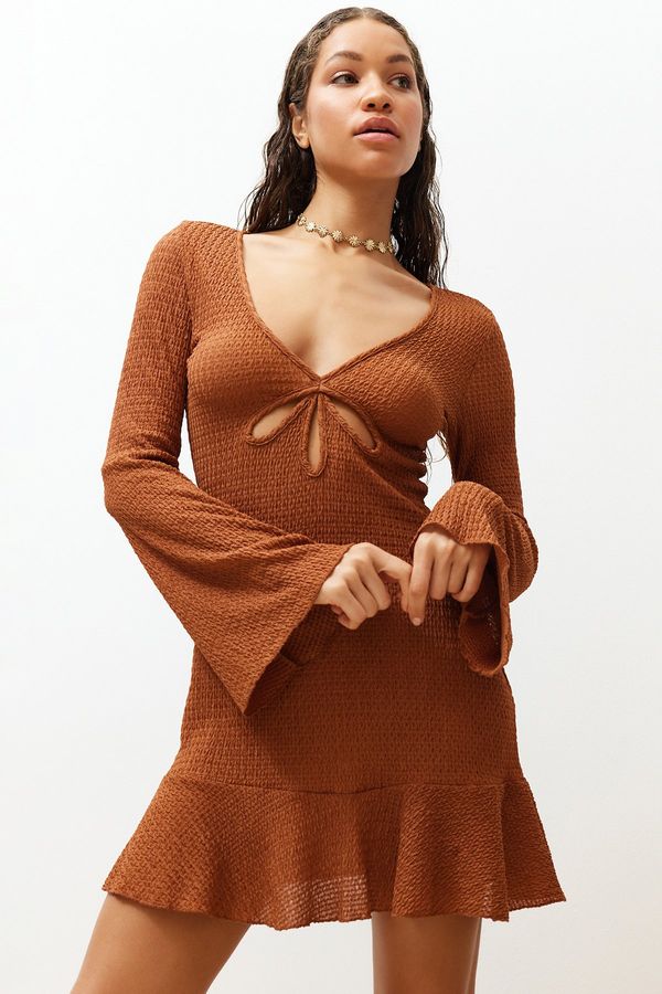 Trendyol Trendyol Brown Fitted Mini Knitted Ruffled Beach Dress