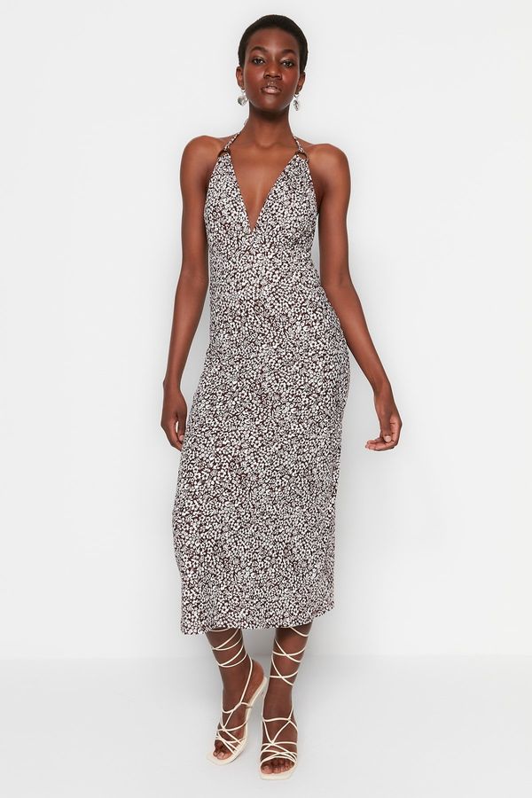 Trendyol Trendyol Brown Floral Pattern Halter Neck Accessory Detailed A-Line Maxi Knitted Dress