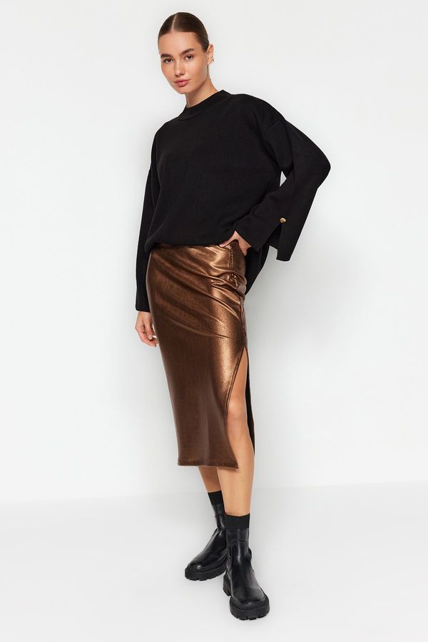 Trendyol Trendyol Brown Foil Print High Waist A Slit Maxi Dress, Fitted Skirt