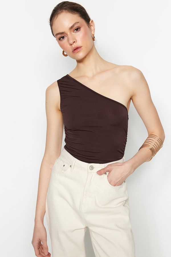 Trendyol Trendyol Brown Gathered Detail Fitted One-Shoulder Elastic Knitted Blouse