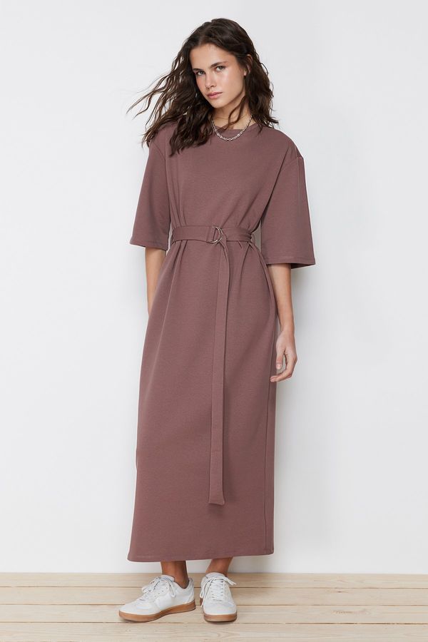 Trendyol Trendyol Brown Half Sleeve Belted Knitted Dress