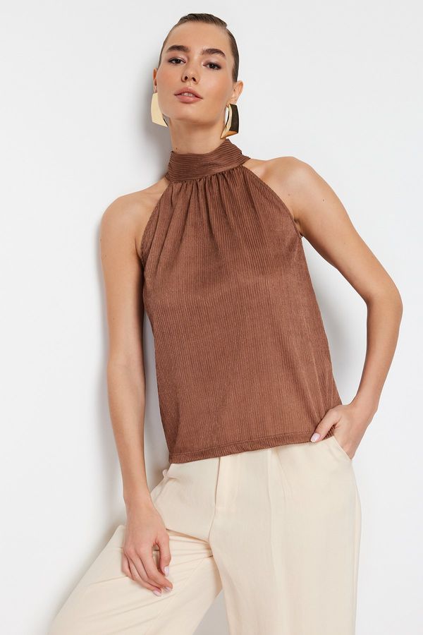 Trendyol Trendyol Brown High Neck Regular Fit Pleated Knitted Blouse