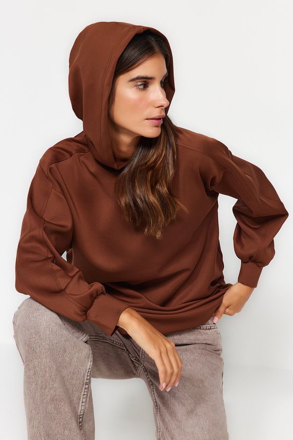 Trendyol Trendyol Brown Hooded Pocket Scuba Knitted Wide Fit Oversized Sweatshirt