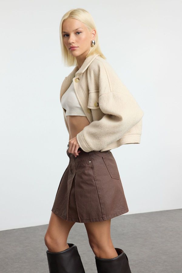 Trendyol Trendyol Brown Leather Coated Waxed Pleated Mini Denim Skater Skirt