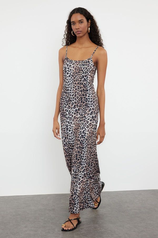 Trendyol Trendyol Brown Leopard Patterned Bodycone/Fitting Strappy Knitted Maxi Dress
