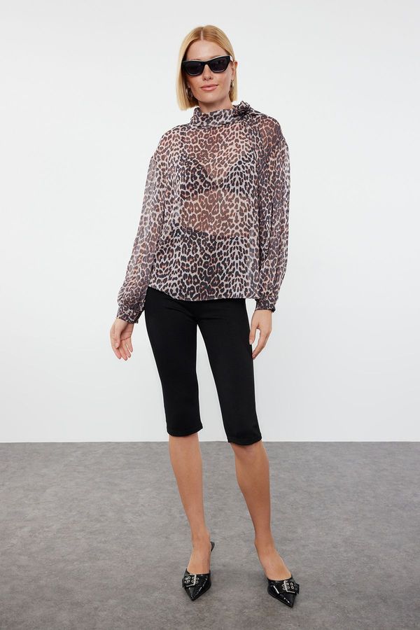 Trendyol Trendyol Brown Leopard Patterned Chiffon High Collar Woven Blouse