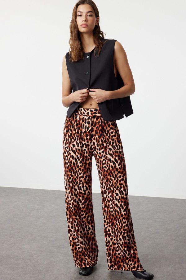 Trendyol Trendyol Brown Leopard Patterned High Waist Pleated Wide Leg Trousers with Velcro Belt