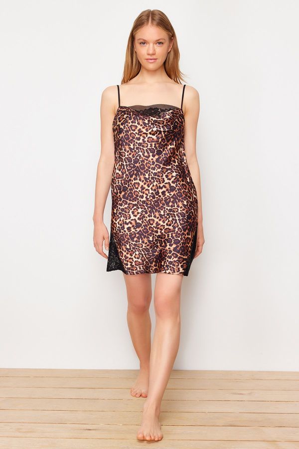 Trendyol Trendyol Brown Leopard Patterned Lace Rope Strap Cowl Collar Satin Woven Nightgown