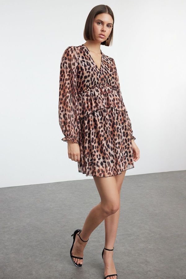 Trendyol Trendyol Brown Leopard Printed Ruffle Detailed A Line/Bell Cut Balloon Sleeve Mini Knitted Dress