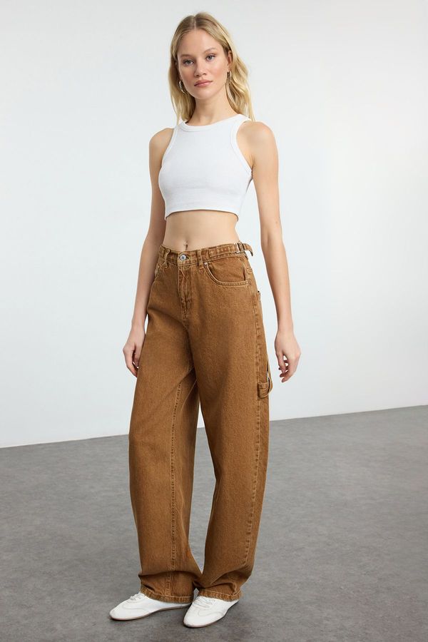 Trendyol Trendyol Brown Loose Cut High Waist Carpenter Skater Jeans