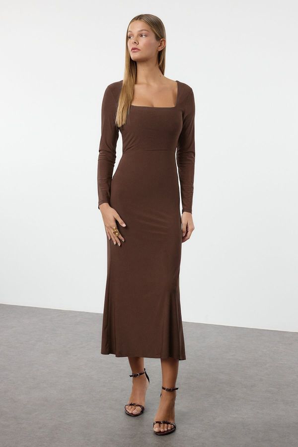 Trendyol Trendyol Brown Maxi Flounce Square Neck Body-Smoothing Flexible Knit Dress