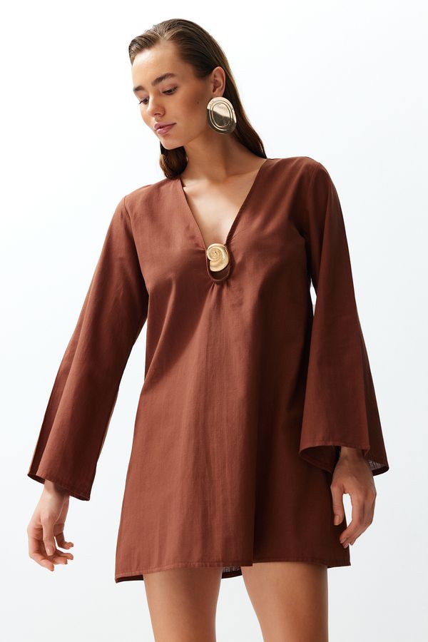 Trendyol Trendyol Brown Mini 100% Cotton Beach Dress with Woven Accessories