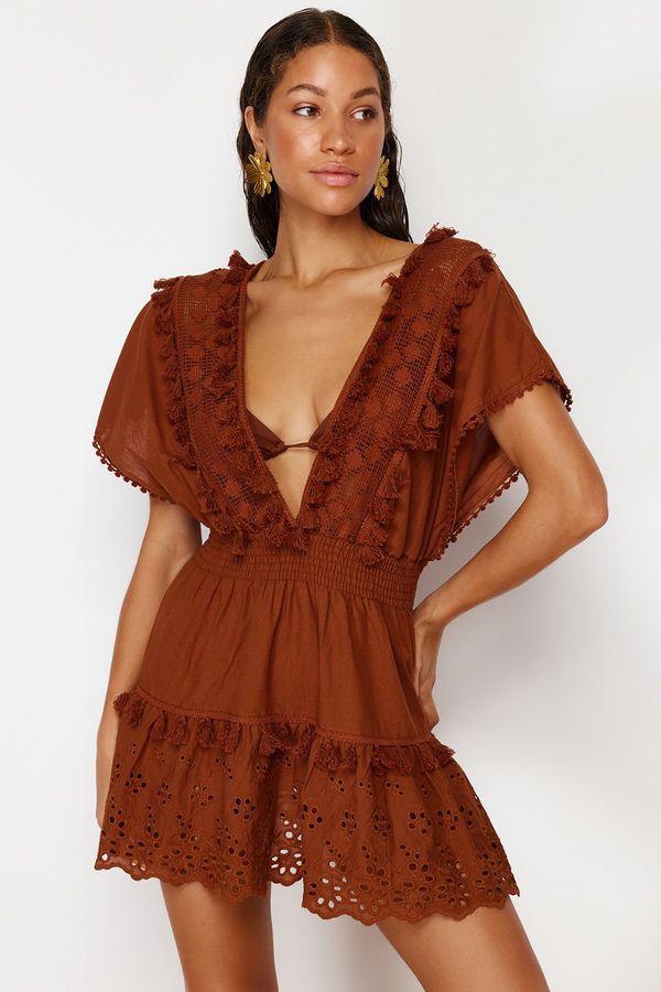 Trendyol Trendyol Brown Mini Woven Embroidery Detailed 100% Cotton Beach Dress