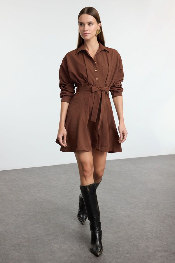 Trendyol Trendyol Brown Mini Woven Shirt Dress with Open Waist Skirt