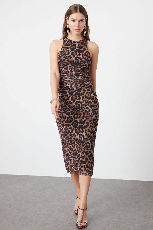Trendyol Trendyol Brown Multicolored Animal Patterned Leopard Knitted Tulle Elegant Evening Dress