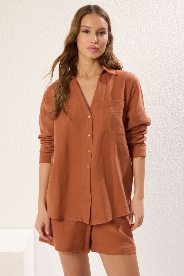 Trendyol Trendyol Brown Muslin Fabric Woven Bottom-Top Set