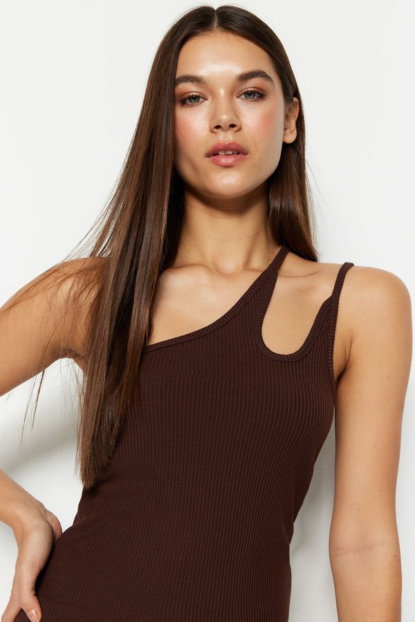 Trendyol Trendyol Brown One-Shoulder Fitted/Plastic Ribbed Stretch Knit Blouse