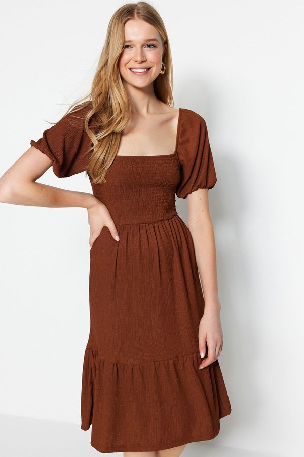 Trendyol Trendyol Brown Open Waist/Skater Square Neck Balloon Sleeve Midi Sweater Knitted Dress