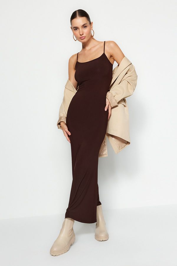 Trendyol Trendyol Brown opremljen Strappy Maxi rastezljiva pletena haljina