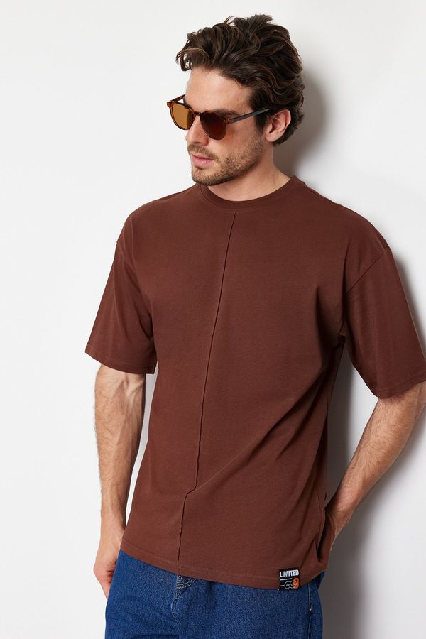 Trendyol Trendyol Brown Oversize 100% Cotton T-Shirt with Stitching Detail