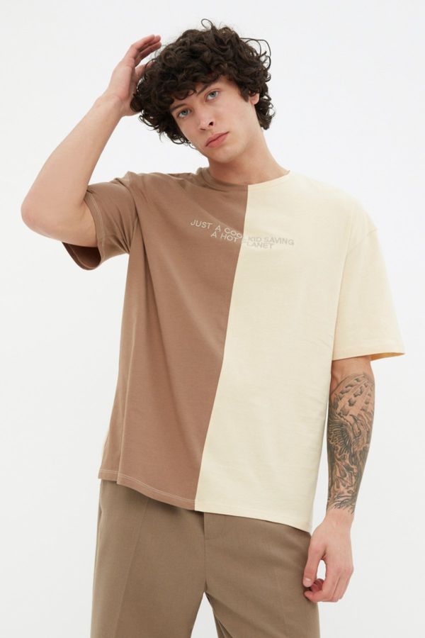 Trendyol Trendyol Brown Oversize Color Block 100% Embroidered T-Shirt