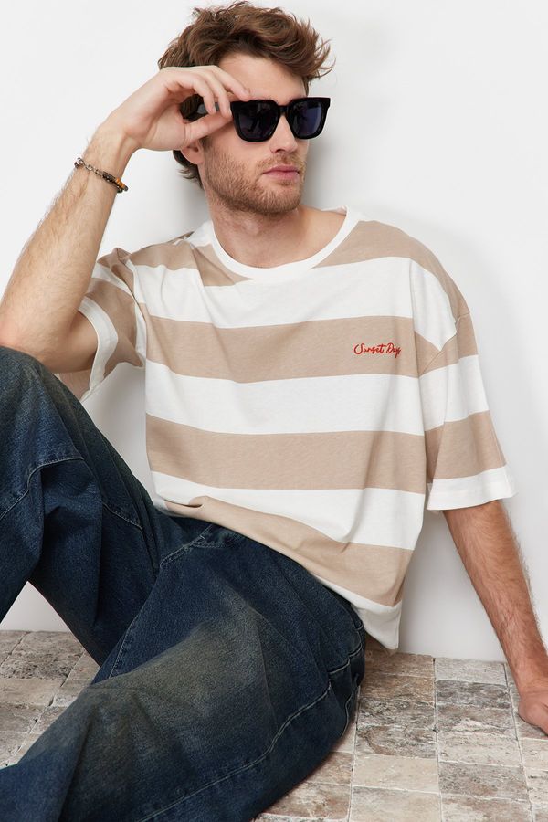 Trendyol Trendyol Brown Oversize Letter Embroidered Striped 100% Cotton T-Shirt