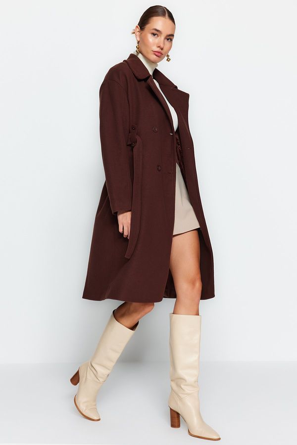 Trendyol Trendyol Brown Oversize Wide-Cut Belted Long Stamped Coat