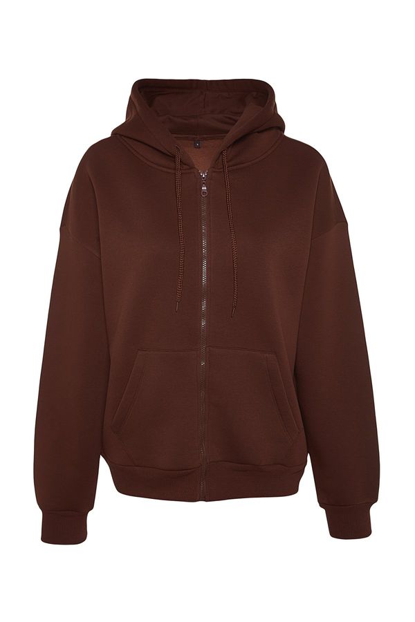 Trendyol Trendyol Brown Oversize/Comfortable Fit Basic Hooded Knitted Sweatshirt with Fleece Inside