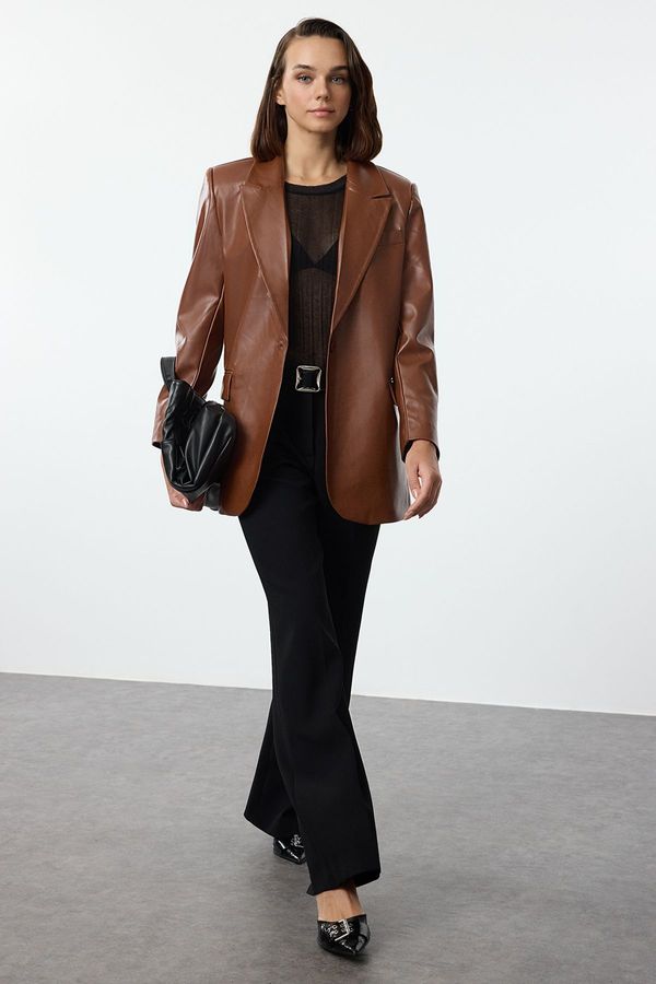 Trendyol Trendyol Brown Oversized Faux Leather Blazer Jacket