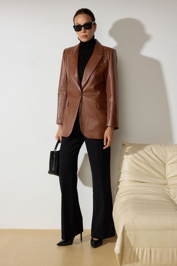 Trendyol Trendyol Brown Oversized Faux Leather Woven Blazer Jacket