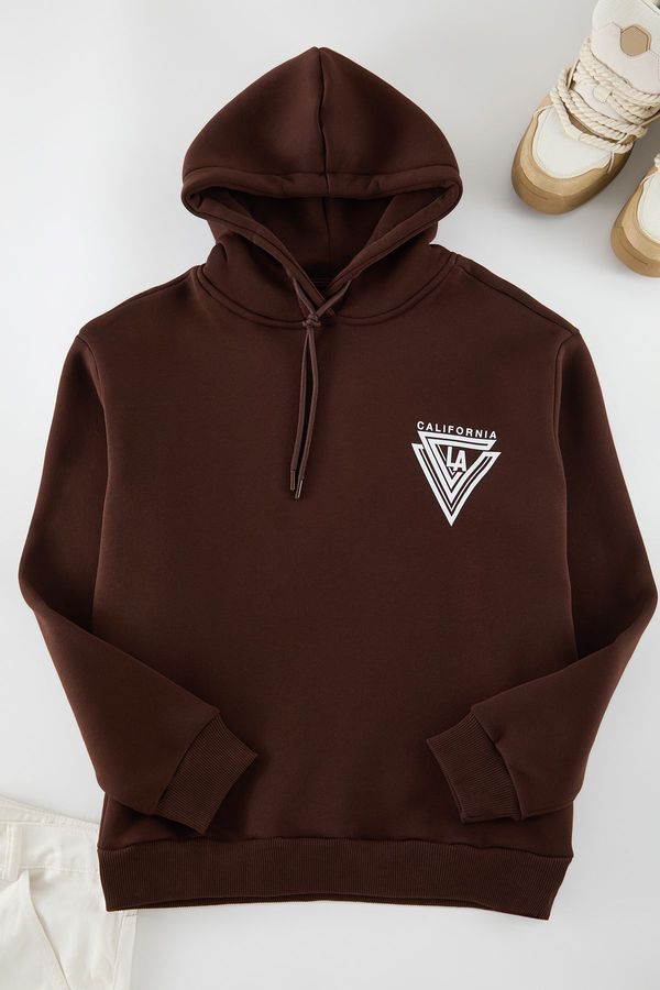 Trendyol Trendyol Brown Oversize/Wide Cut Printed Cotton Fleece Sweatshirt