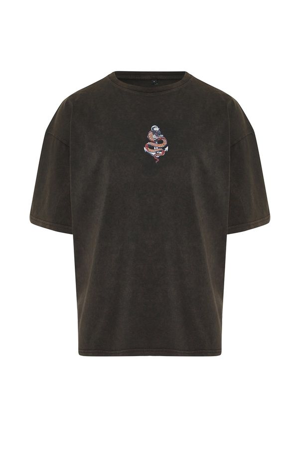 Trendyol Trendyol Brown Oversize/Wide Cut Snake Printed Pale Effect 100% Cotton T-Shirt