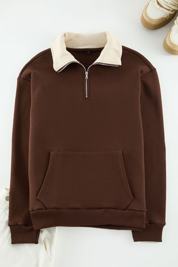 Trendyol Trendyol Brown Oversize/Wide Cut Stand Collar Thick Sweatshirt