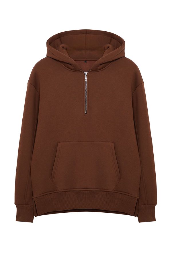 Trendyol Trendyol Brown Oversize/Wide Cut Zippered Hooded Sweatshirt