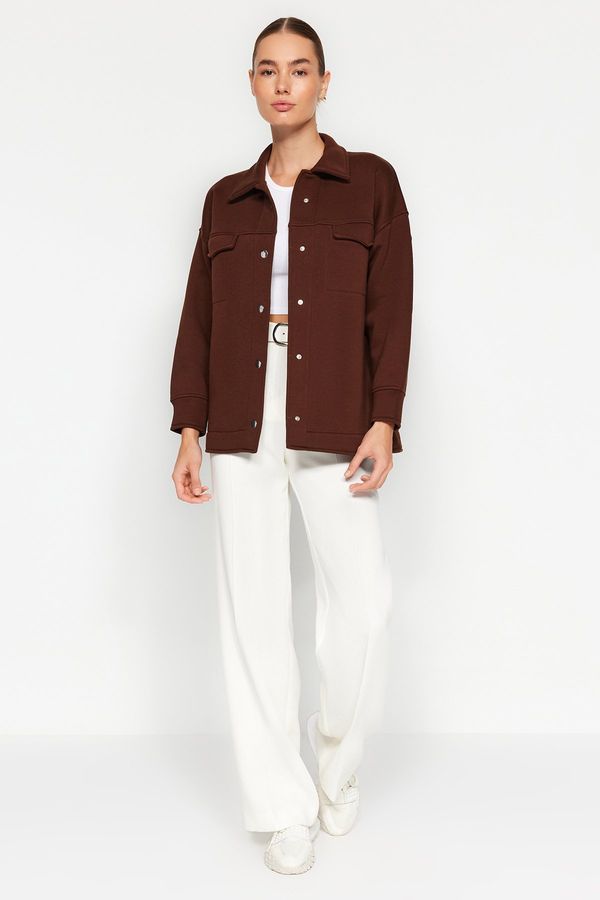 Trendyol Trendyol Brown Oversize/Wide Fit Polo Jacket with Pockets and Buttons, Fleece Inner Knitted Jacket